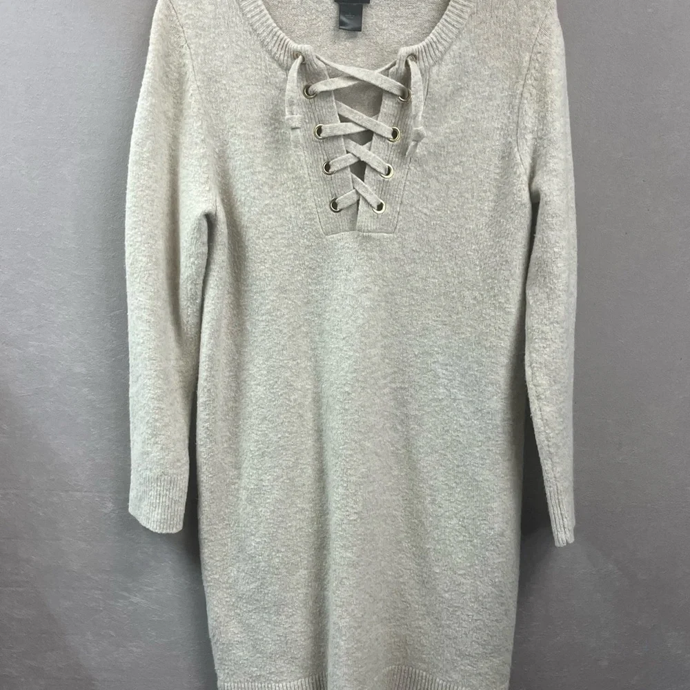 Ann Taylor Factory Beige Lace-Up Sweater Dress Knit Tunic Size L - Picture 2 of 10